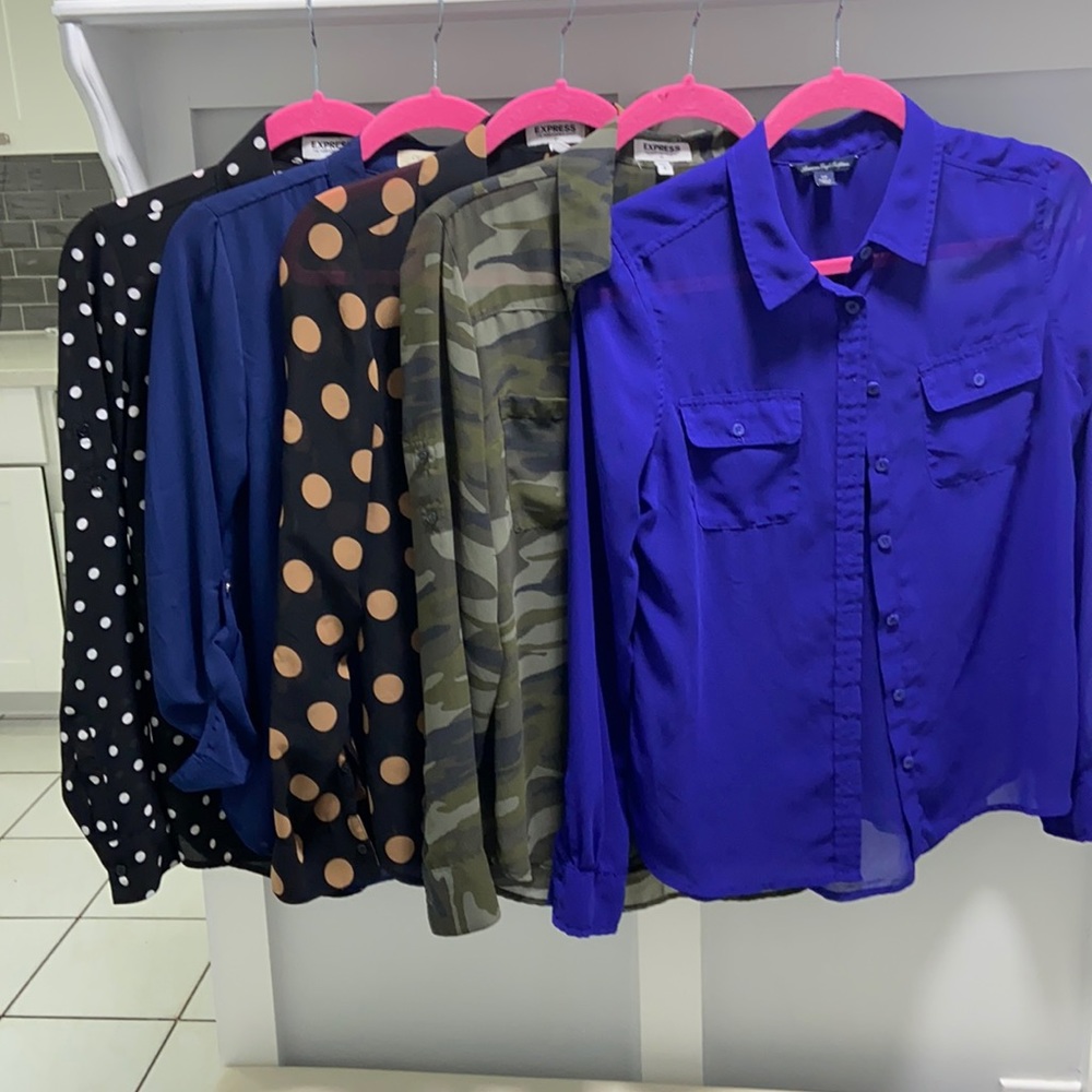 Express, American Eagle, Chocolate, dress blouses, sizes S and M, 5 pieces